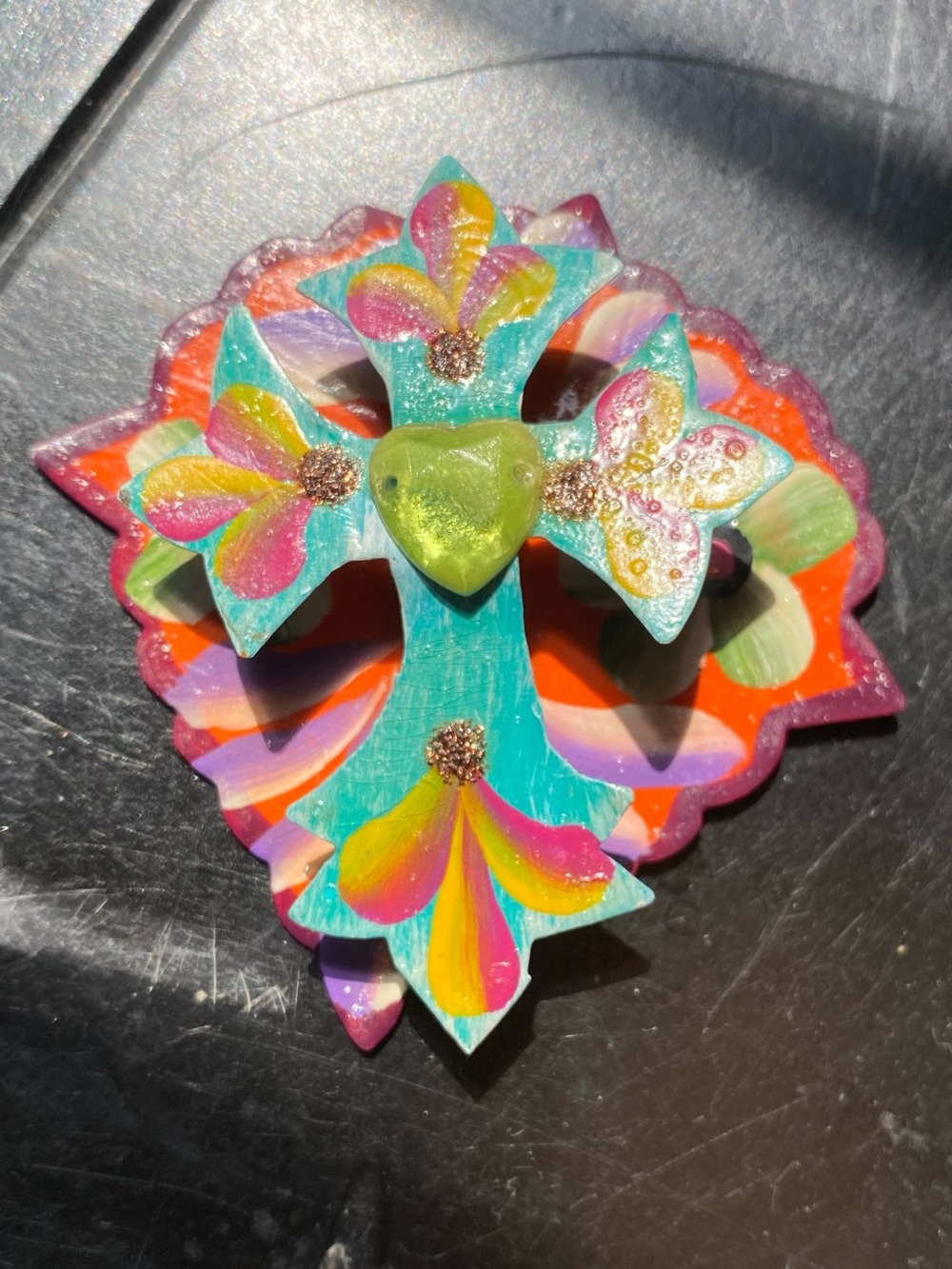 Hand-Painted Colorful Floral Cross Magnet